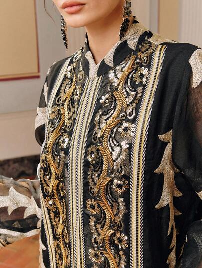 Anewsta Robe longue élégante noire en tissu avec fil doré, robe faite main avec broderie dorée et perles, ensemble robe en ligne A