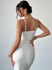 Firerie 女士优雅简约精致浪漫迷人时尚情人节约会日常假日婚礼蕾丝荷叶边吊带修身长款白色连衣裙 - 白色 - 查看 4