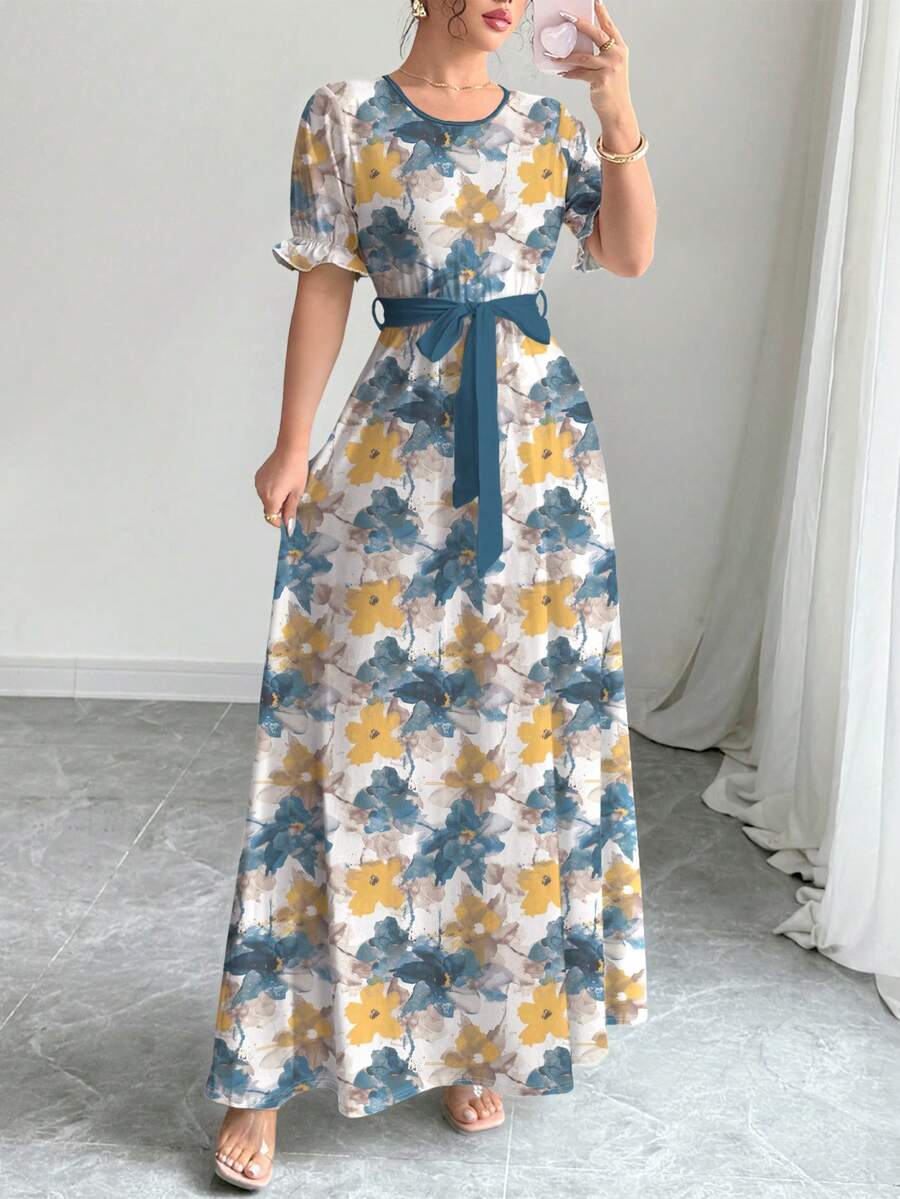 Modelyn 女士水彩印花收腰连衣裙,圆领短袖,春夏款 - 彩色 - 查看 1