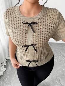 Elenzga Plus Size Khaki Round Neck Semi-Sheer Knit Top,Regular Sleeve Casual Style Knitwear Short Sleeve Black Summer Elegant Rib-Knit Tie Accents - Khaki - View 2