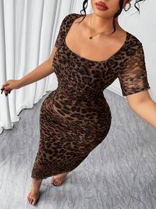 Elenzga Plus Size Leopard Print Short Sleeve Bodycon Dress, Slimming Fit, Versatile For Daily Wear, Spring/Summer - Multicolor - View 4