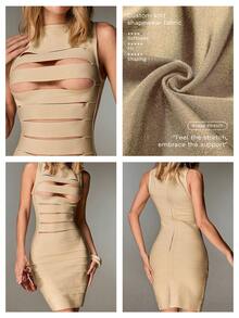 Nuvra 性感露背针织吊带纯色无袖紧身迷你连衣裙（女款） - 卡其色 - 查看 9