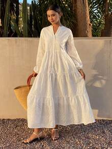 DAZY Women's Elegant White Round Neck Embroidered Shirt Dress, Spring/Summer - White - View 4
