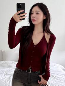 DAZY 2pcs/Set Sexy Design Long Sleeve T-Shirt, Halter Neck, Slim Fit, Casual Top For Women