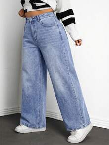 SHEIN ICON Jeans de mezclilla vintage lavados para mujer de talla grande, otoño/invierno - Azul - Ver 3