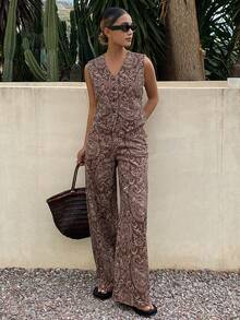 DAZY Sleeveless V-Neck Casual Top & Cashew Flower All-Over Print Casual Pants Women Denim Suit - Brown - View 6