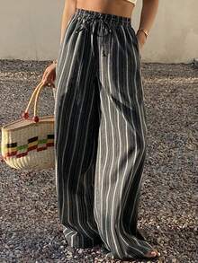Livesso 女士休闲条纹抽绳阔腿裤 - 藏蓝色 - 查看 6