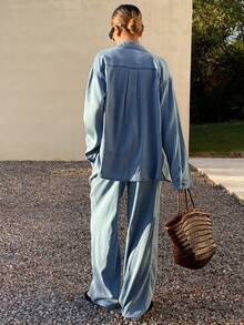 DAZY 女士休闲水洗口袋衬衫和阔腿牛仔裤套装，春秋季，婚礼宾客礼服 - 藍色 - 查看 2