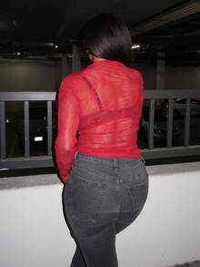 Tyla Gomez Women's Stand Collar Long Sleeve Lace Sheer Fitted Blouse - Burgundy - View 6