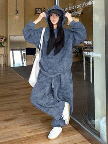 DAZY 2件套 女式连帽休闲韩版卫衣和宽松运动裤 - 藍色 - 查看 5