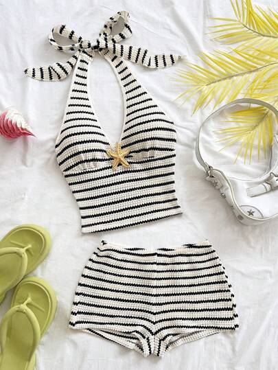 Soleia Conjunto casual de 2 piezas de top halter a rayas y shorts para vacaciones de mujer