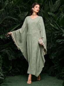 Al Najma Women's Green Woven Cutout Floral Long Sleeve Tassel Sequin Lace-Up Elegant Turkish & Arabic Traditional Long Cardigan, Spring/Summer - Green - View 7