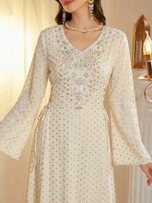 Al Najma Elegant & Luxurious Polka Dot Beaded V-Neck Side Tie Waist Midi Dress, Spring/Summer - Apricot - View 1