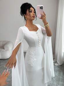 Elenzga 女士春季时尚方领收腰金色3D立体花卉装饰修身连衣裙，适合约会和正式场合，宫廷风格 - 白色 - 查看 2