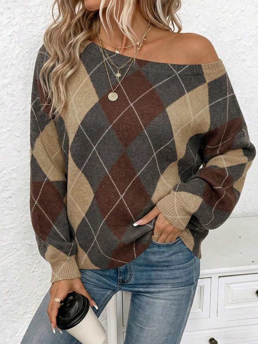 EMERY ROSE Áo len nữ trễ vai dáng rộng họa tiết Argyle kiểu Preppy - Ấm áp và thời trang, chất liệu dệt kim phong cách Bohemian cho mùa xuân và thu/đông, hoàn hảo cho các buổi đi chơi, du lịch, nghỉ mát, mặc ở nhà, thư viện, trường học và làm quà tặng. - Nhiều màu - Xem 1