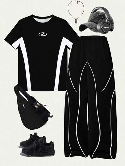 2 piezas Conjunto de pantalones y camiseta de manga corta para adolescentes, primavera/verano, diseño clásico en blanco y negro a juego, estampado de líneas de moda casual y cómodo, uso versátil para uso diario al aire libre