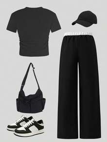 2pcs/Set Star Print Girls Tween Black Tight Fitting Top And Pants Set, Short Sleeve Top, Casual & Comfortable, Suitable For All Seasons, Fashion & Versatile