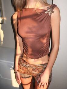 Sydney Algeri 新款休闲度假西部海滩婚礼宾客服装，毕业早午餐，圣帕特里克节，春假，复活节，音乐节，优雅波西米亚热带毛绒纹理棕色针织不对称肩部花卉露背 2 件套女士 - 棕色 - 查看 3