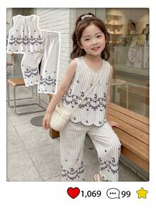 SHEIN 2pcs Vintage Floral Striped Round Neck Ruffle Hem Top And Matching Pants Set, Suitable For Daily Wear And Photography, Spring/Summer