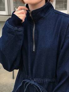 FRIFUL Women's Drop Shoulder Long Sleeve Zip Front Belted Waist Utility Pocket Casual Denim Dress - Blue - View 5