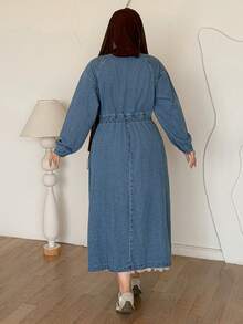 Dazy Plus 纯色复古休闲长款牛仔裙，收腰设计，休闲大码女式长袖连衣裙，春秋季 - 中等水洗藍 - 查看 7