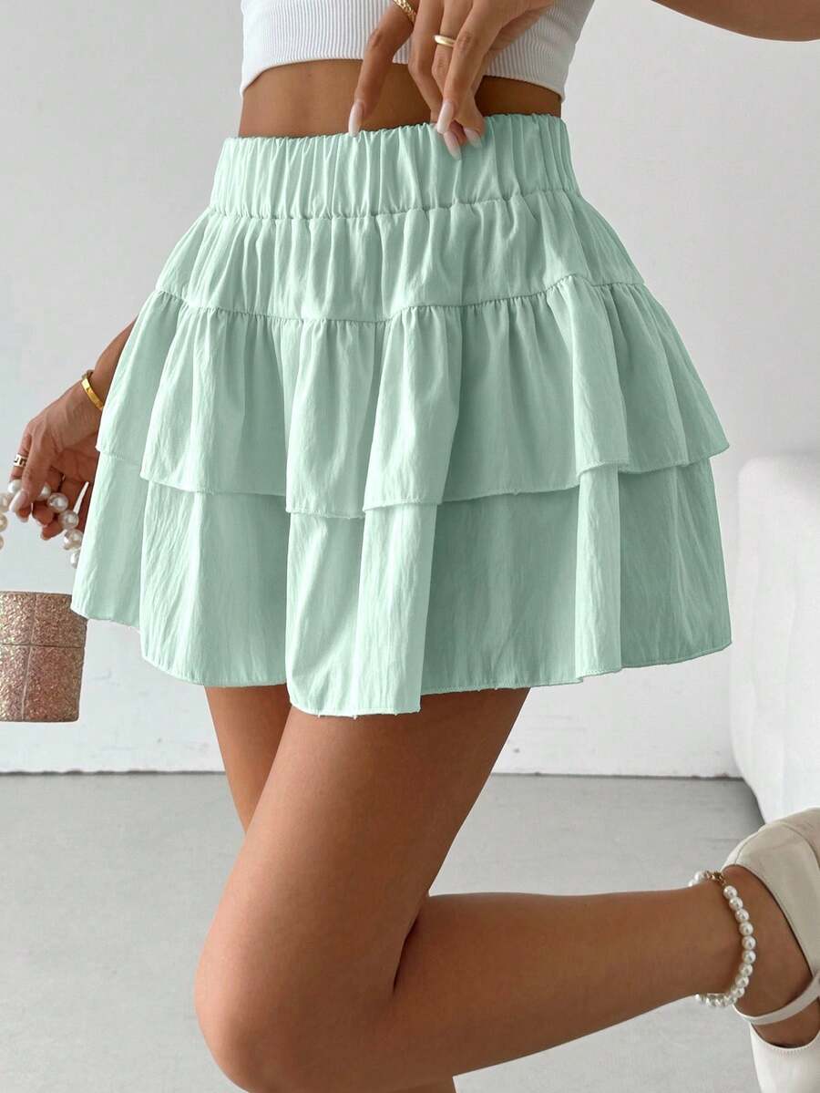 Glamine 女士弹力腰双层荷叶边休闲阔腿裤，夏季 - 薄荷藍 - 查看 1