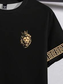 Manfinity Homme 男士经典时尚休闲黑色圆领印花T恤，男士圆领短袖T恤，饰有皇冠狮子印花 - 彩色 - 查看 4