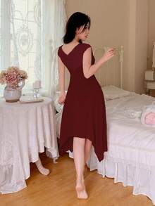 SHEIN Women's Elegant Solid Deep V-Neck Lace Trim Nightgown, Summer - Red - View 2
