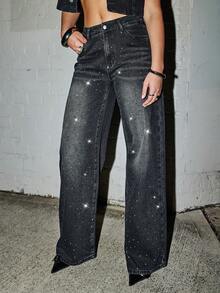 SHEIN ICON Retro Sexy Slim Fit Washed Rhinestone Embellished Wide Leg Jeans Jeans Glittersparkle Jeansrhinestone Jeans - Black - View 3