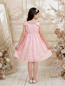 Glamorique Kids 优雅韩式甜美可爱3D蝴蝶结吊带无袖A字休闲时尚连衣裙，公主裙，适合节日派对、生日礼物、情人节、度假、日常穿着 - 粉色 - 查看 2