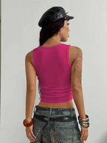 StreetHx Women's Street Style Rhinestone Ruched Fitted Cropped Tank Top - Pink - View 2