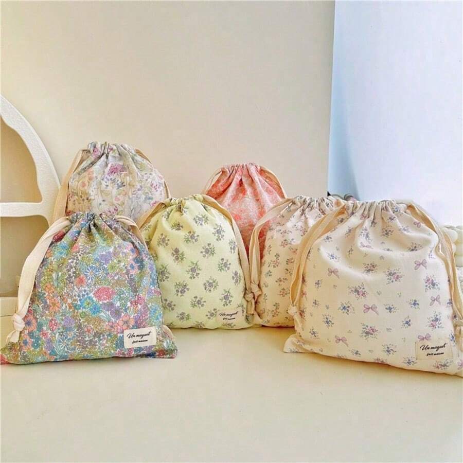 1 件装可爱花朵蝴蝶结印花系列多功能抽绳袋,可作礼品袋、分类收纳袋、家居整理防尘袋、妈妈包、尿布包、围兜袋、旅行便携收纳袋、珠宝化妆品袋、储物袋、挂袋 - 彩色 - 查看 1