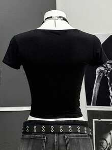 Resyla Retro Punk Style Lettered Short-Sleeved T-Shirt, Y2K Gothic Style Top, Street Hip-Hop Top, 90s Women's Fashion - Black - View 3