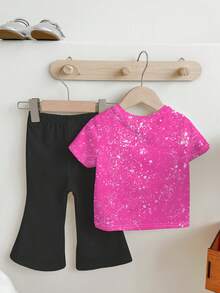SHEIN 2件套少女休闲时尚彩色韩流女团字母星星印花圆领短袖T恤和喇叭裤，适合度假、派对、日常穿着、演唱会等场合。 - 彩色 - 查看 3