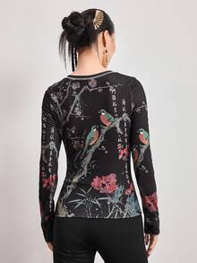 ROMWE Avant Camiseta ajustada con caracteres chinos y adornos de strass vintage Y2K - Negro - Ver 3