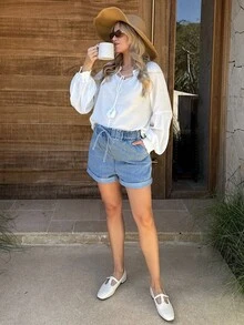 SHEIN Maternity Casual Washed Denim Shorts For Women,Light Blue Cotton Blend Summer Breathable Shorts With Elastic Waist Drawstring And Rolled Hem,Chic Y2k - Blue - View 6