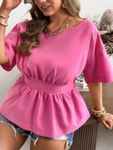 Ceyna Blusa de mujer talla grande de unicolor con cuello redondo, cintura ceñida y mangas cortas de hombros caídos - Rosa - Ver 5