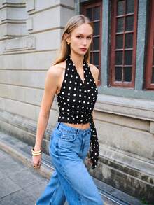 Lumivelle 女士优雅通勤休闲无袖透视波点吊带衫，春夏款 - 黑色 - 查看 3