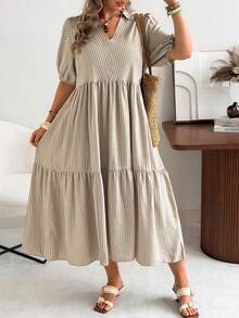 Ceyna Vestido corto de manga corta con cuello en V, estilo casual, a rayas y lunares, vestido de picnic para mujer, ropa de resort, vestido casual de verano a rayas y midi, vestido de verano estilo prairie, vestidos de verano para mujer, vestido con volantes, vestido casual con cuello en V para mujer - Caqui - Ver 3