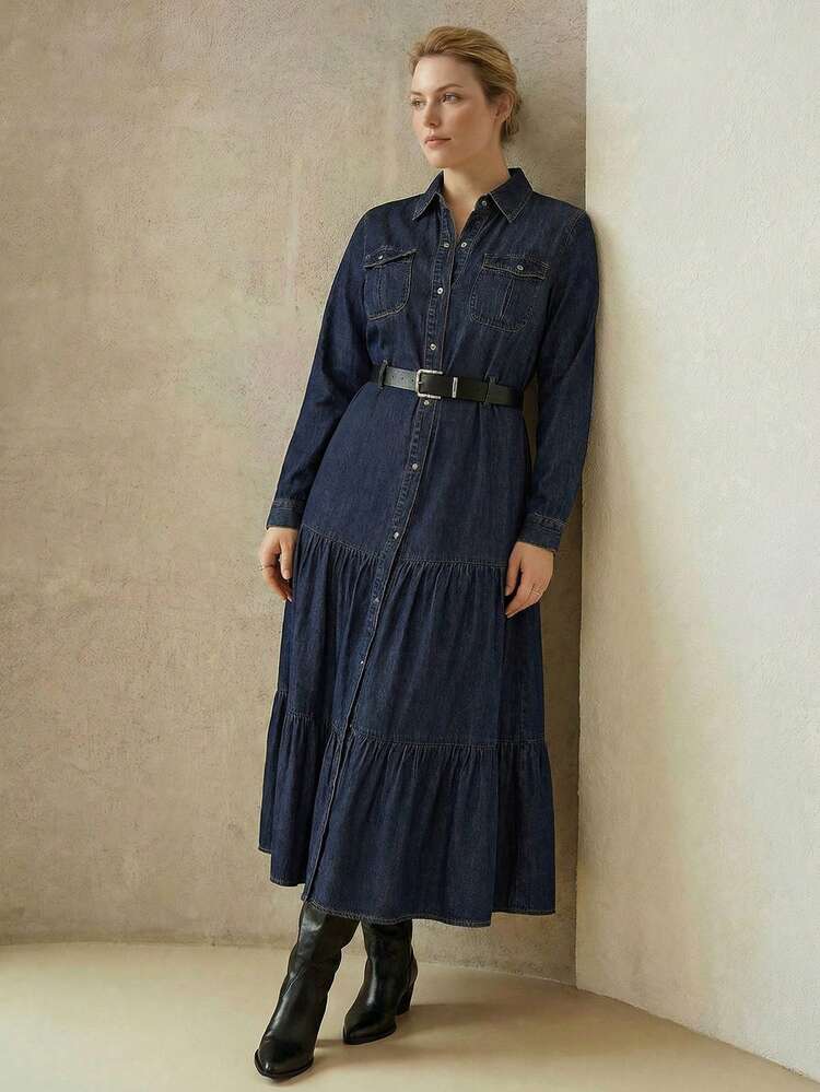 WOMEN'S PLUS LONG SLEEVE DENIM DRESS, SPRING/SUMMER