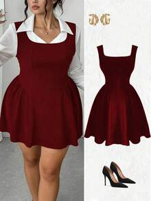 Elenzga 大码女式宽松休闲连衣裙 - 酒紅色 - 查看 1