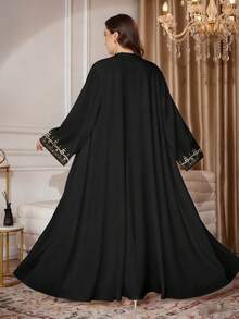 SHEIN Najma 大码女式花卉仿珍珠印花长袖休闲阿拉伯长袍开衫外套，春秋季 - 彩色 - 查看 2