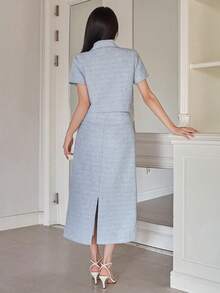 DAZY 女士优雅图案口袋衬衫和直筒裙两件套，春夏款 - 藍色 - 查看 2