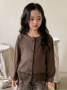 DAZY Girls (Small) Round Neck Lace Patchwork Long Sleeve Casual T-Shirt, Spring/Autumn - Coffee Brown - View 1