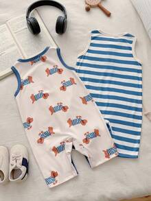 Vintaside Kids Baby Boys Cute Sleeveless Round Neck Short Romper Set With Striped And Dog Print Contrast Piping - Multicolor - View 2