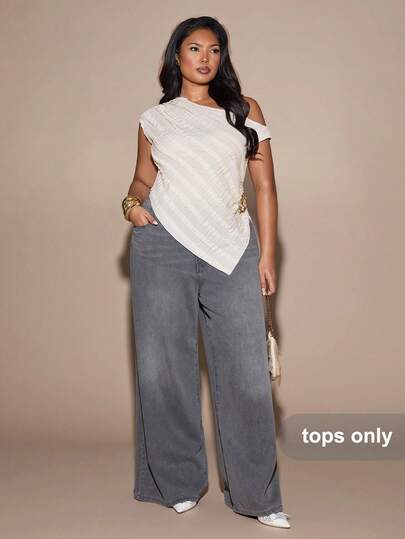 SHEIN BAE 大码女装新款春夏秋季休闲通勤旅行衬衫，纹理面料，不对称下摆，喇叭袖，侧边金属装饰设计，适合秋季穿着。