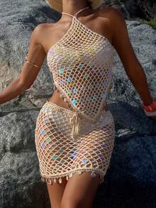 Opulessa Women's Fashionable Beige Crochet Sequin Hem Starfish Mini Skirt,Summer Boho Beach Holiday Elegant Party,Clubs,Date Night Out,Vacation,Carnival - Apricot - View 5
