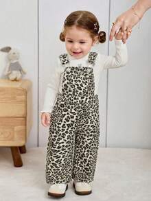 SHEIN Peto de mezclilla de corte holgado con estampado de leopardo y decoración de lazo para bebé niña - Multicolor - Ver 4