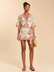 SHEIN TRVLCHIC 女士碎花短袖侧系带连体裤 - 粉色 - 查看 7