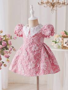 SHEIN 女婴可爱时尚粉色提花蕾丝荷叶边领泡泡袖连衣裙，适合派对和宴会 - 粉色 - 查看 3